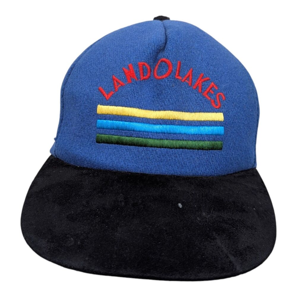Vintage Land O Lakes 3 Stripe Blue Adjustable Strapback‎ Hat Cap USA Made